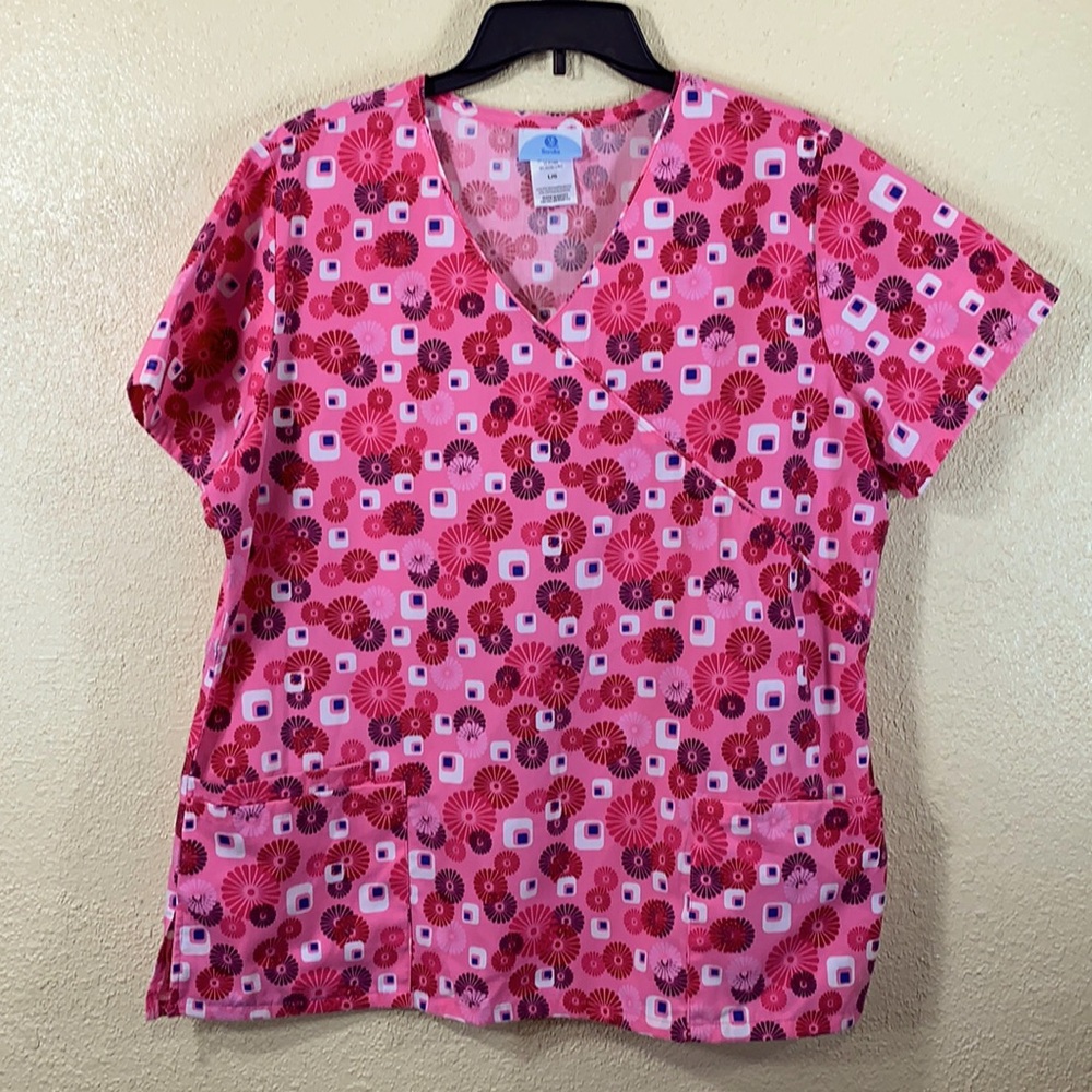SB Nurse Scrubs Top Blouse Pink Red L Pullover Short Sleeve Pockets